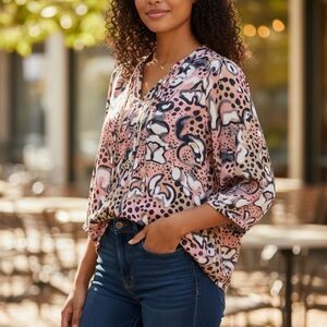 French Connection Sheer Abstract Pattern Blouse with 3/4 Sleeves